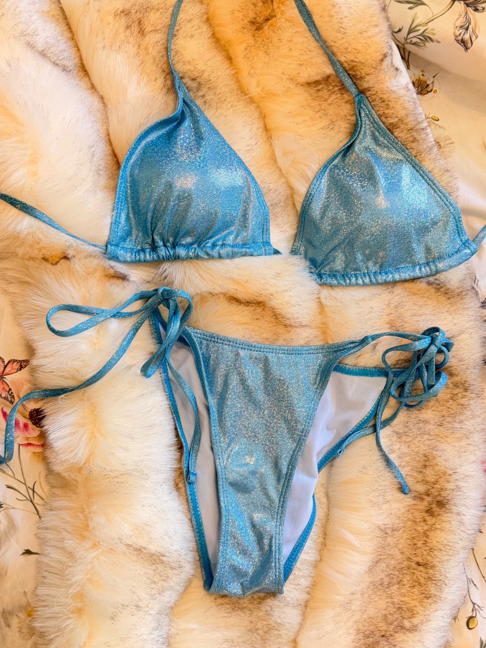 Shimmery Blue Triangle String Bikini Set - S